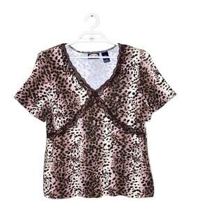 Vtg ZOEY BETH Women Brown Pink Animal Print‎ Sequin Babydoll Blouse Y2K Fairy 1X
